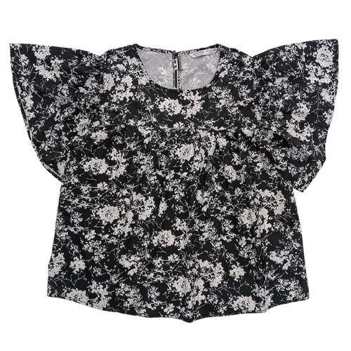 Blusa color negro de cuello redondo y mangas cortas con vuelo para mujer