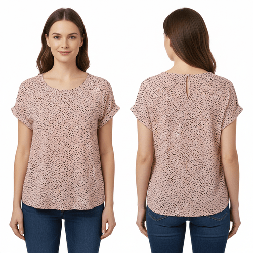 Blusa casual color rosa de cuello redondo con mangas cortas para mujer
