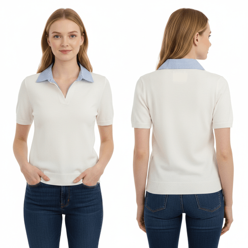 Blusa tipo Polo color ivory con doble cuello clásico a juego para mujer