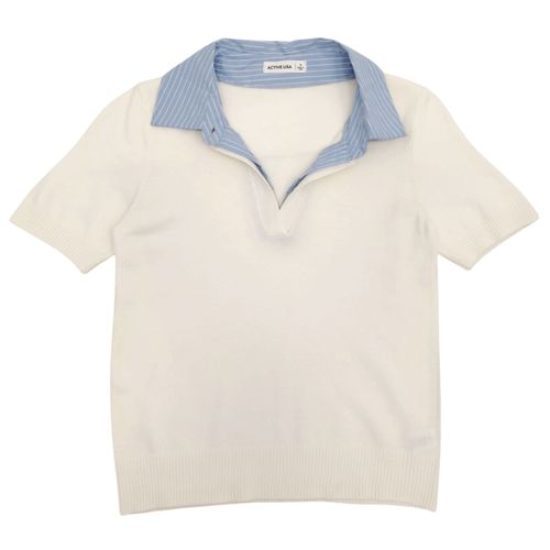 Blusa tipo Polo color ivory con doble cuello clásico a juego para mujer