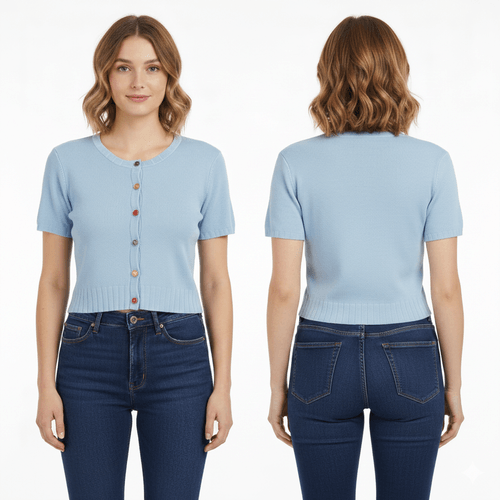 Blusa cropped color celeste con botones a juego para mujer