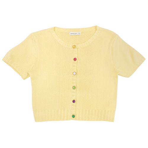 Blusa casual cropped color amarillo de cuello redondo para mujer