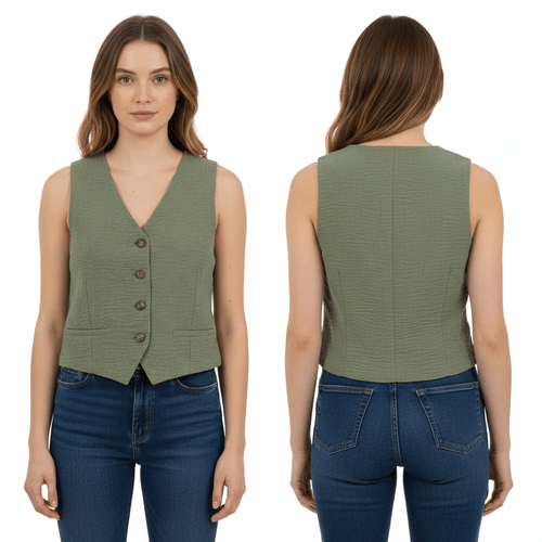 Blusa tipo chaleco de lino color verde olivo para mujer