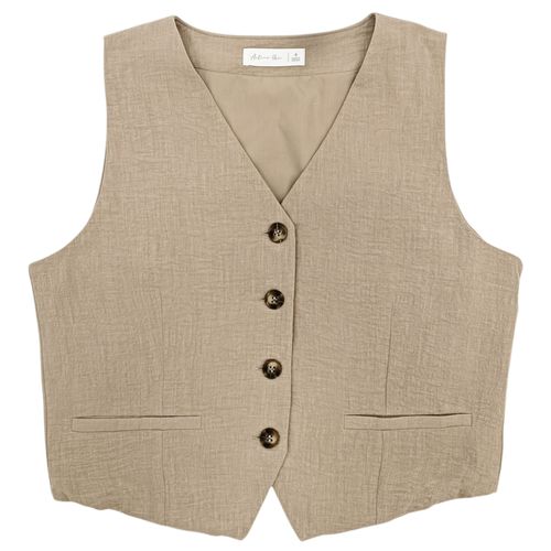 Blusa color kaki tipo chaleco de lino desmangada para mujer