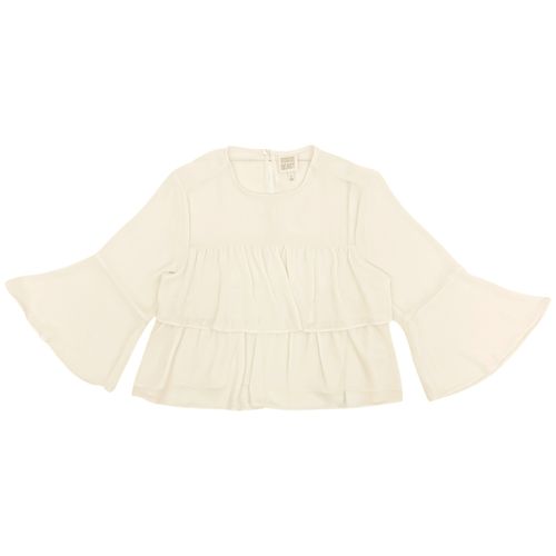 Blusa con ruffle color ivory de cuello redondo y mangas largas para mujer