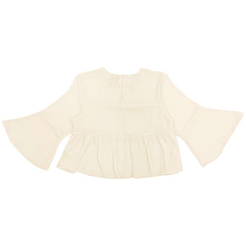 Blusa con ruffle color ivory de cuello redondo y mangas largas para mujer