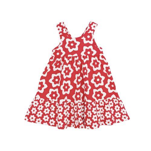 Vestido color rojo de cuello redondo y tirantes gruesos para niña