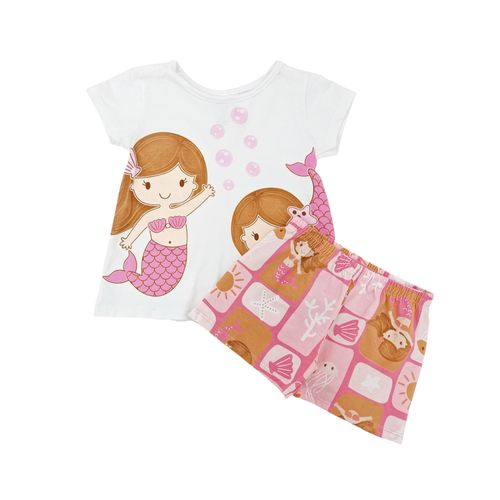 Pijama de short en bicolor con estampado de sirena para niña