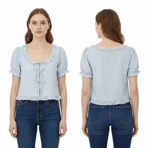 Blusa estilo crop color celeste de cuello redondo y lazas ajustables para mujer
