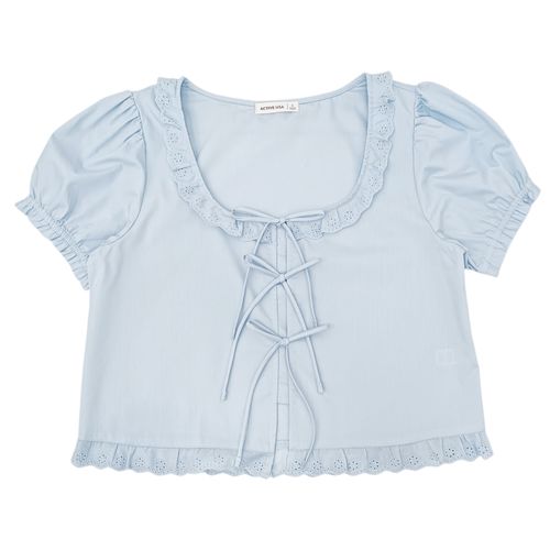 Blusa estilo crop color celeste de cuello redondo y lazas ajustables para mujer