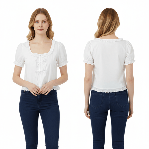 Blusa estilo crop color blanco con encaje y mangas cortas tipo globo para mujer