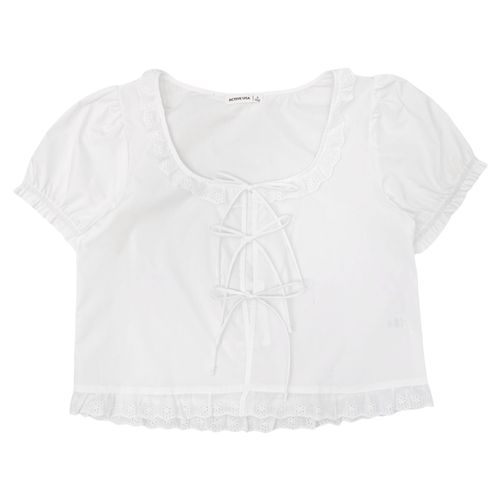 Blusa estilo crop color blanco con encaje y mangas cortas tipo globo para mujer