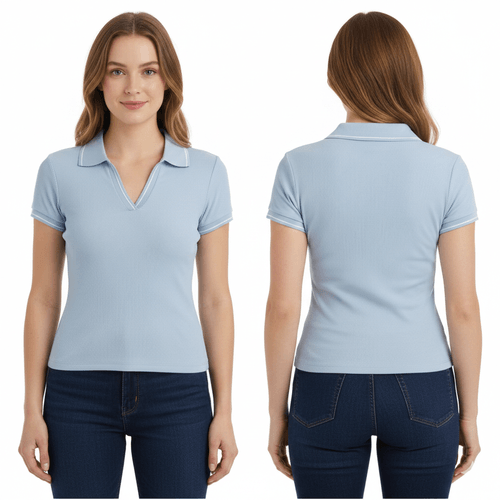 Blusa color celeste de mangas cortas y abertura en V para mujer