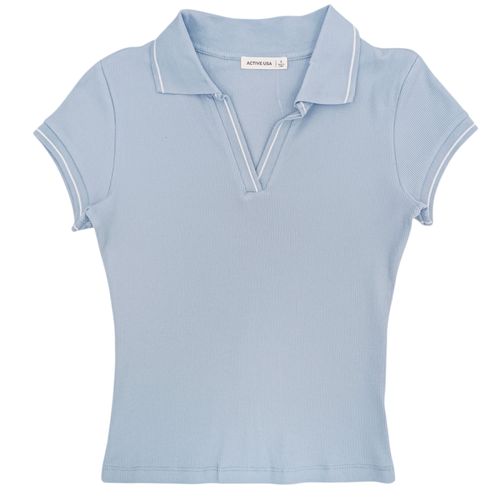 Blusa color celeste de mangas cortas y abertura en V para mujer