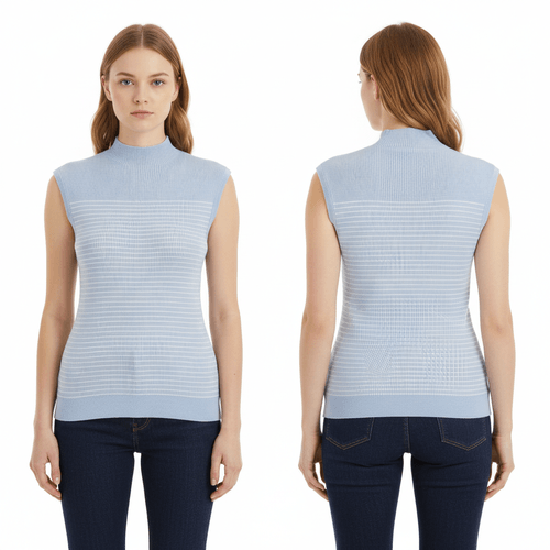 Blusa desmangada en color celeste con líneas blancas para mujer