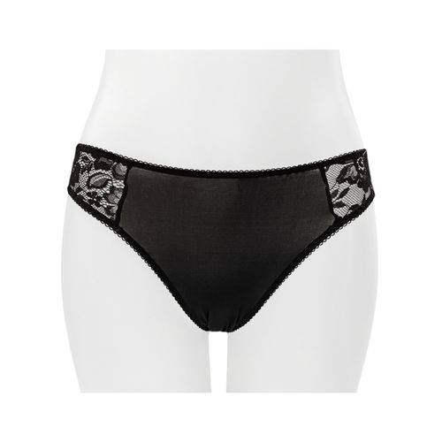 Panty color negro tipo bikini con detalle de encaje floral para mujer