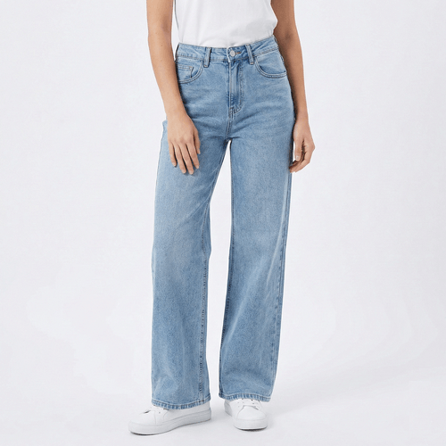 Wide leg jeans color azul con diseño lavado para mujer