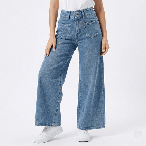 Wide leg cropped jeans color azul con bolsillos delanteros para mujer