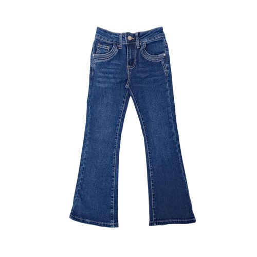 Flare jeans color azul oscuro con diseño lavado para niña