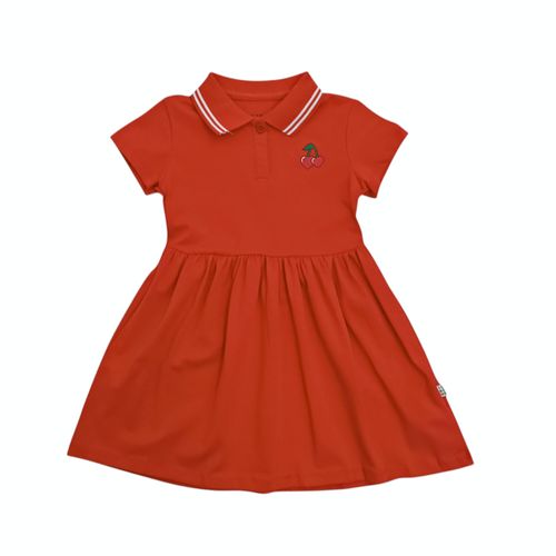 Vestido color rojo con cuello clásico de mangas cortas para niña