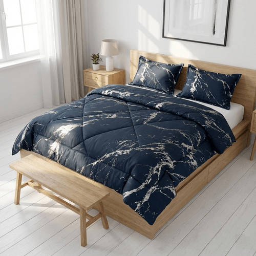 Set de edredón king 3 piezas color azul oscuro estampado