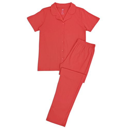 Pijama de pantalón en color rojo con blusa de cierre de botón para mujer