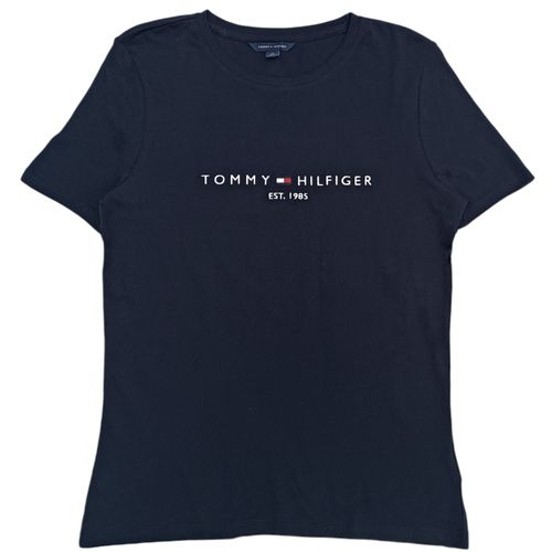 Camiseta Tommy color azul oscuro con detalle de relieve de mangas cortas para mujer
