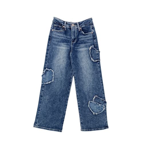 Wide leg jeans color azul oscuro con detalle para niña