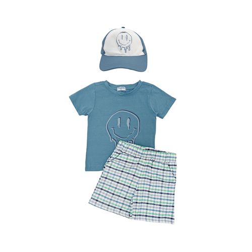 Conjunto infantil de 3 piezas color azul: Camiseta, short a cuadros y gorra a Juego para niño
