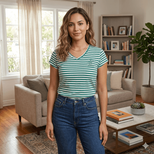 Camiseta rayada en bicolor con escote en V de mangas cortas para mujer