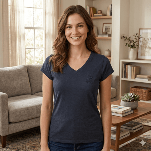 Camiseta color navy con escote en V de mangas cortas para mujer