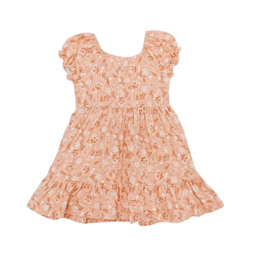 Vestido con vuelo color naranja con detalle floral para niña