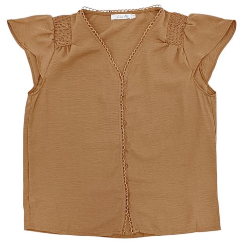 Blusa casual con detalle fruncido en hombros color café para mujer