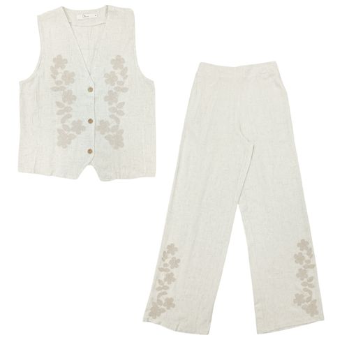 Conjunto de pantalón tipo lino color gris con bordado floral para mujer