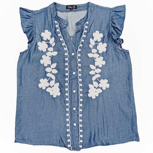 Blusa estilo denim color celeste mangas cortas con vuelo para mujer