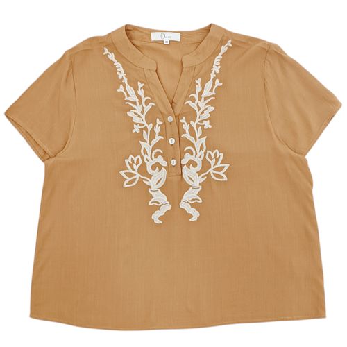 Blusa color café con bordado floral para mujer