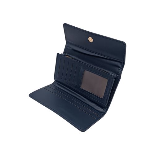 Billetera bifold color azul oscuro con textura para mujer