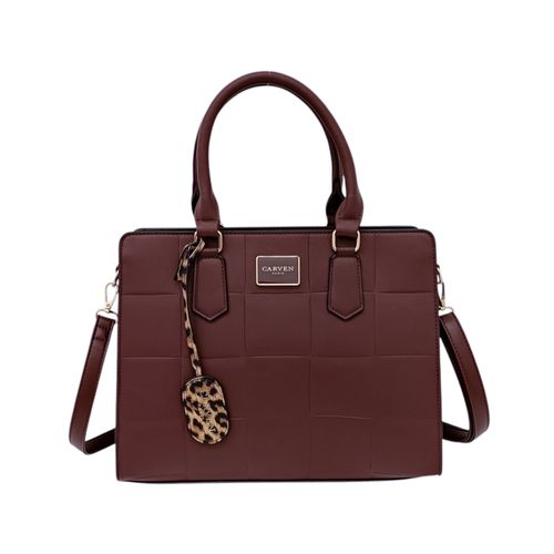 Cartera satchel color marrón con diseño geométrico para mujer