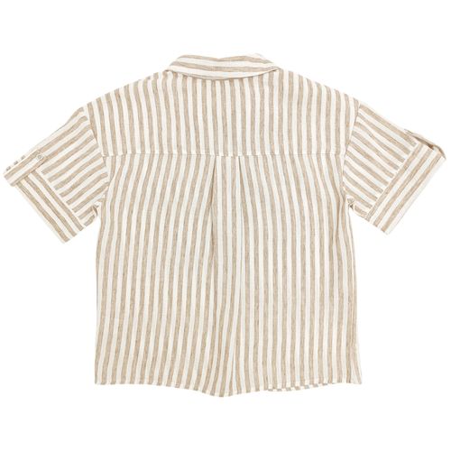 Blusa rayada color beige de cuello camisero con mangas cortas para mujer