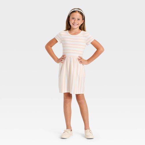 Vestido rayado en bicolor de mangas cortas para niña