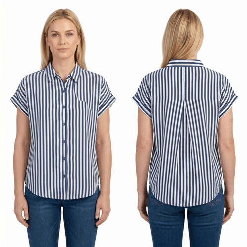 Blusa color azul rayada de estilo casual de mangas cortas para mujer