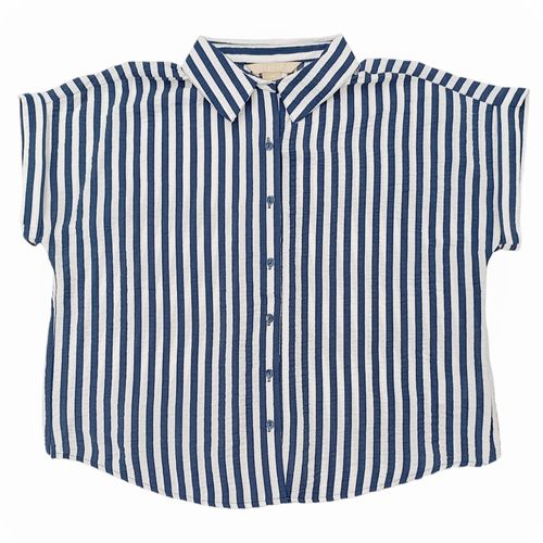 Blusa color azul rayada de estilo casual de mangas cortas para mujer