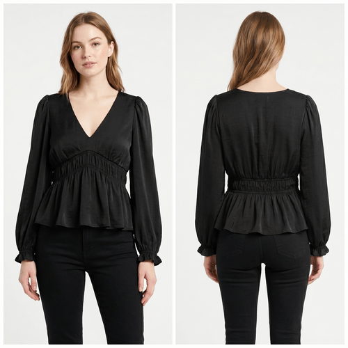 Blusa peplum color negro casual de mangas largas para mujer