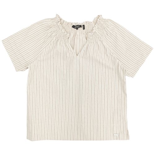 Blusa rayada casual color beige de mangas cortas para mujer