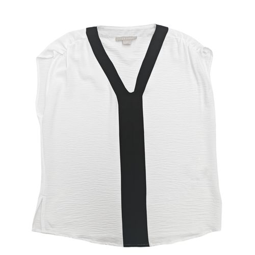 Blusa casual bicolor cuello en V desmangada para mujer