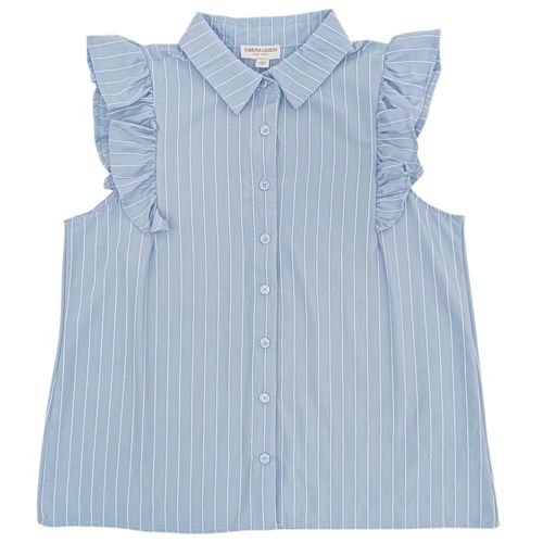 Blusa rayada color celeste con detalle de ruffles para mujer