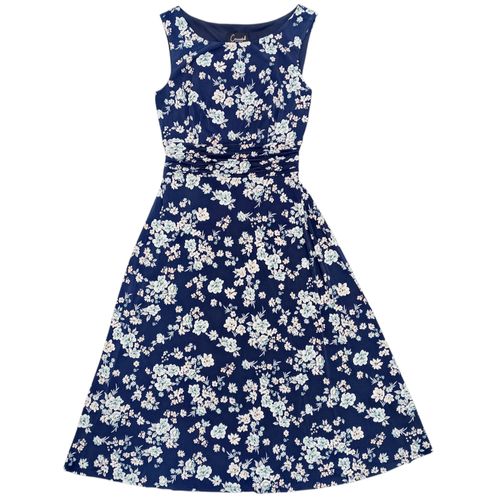 Vestido con vuelo color azul oscuro estampado floral con cuello redondo para mujer