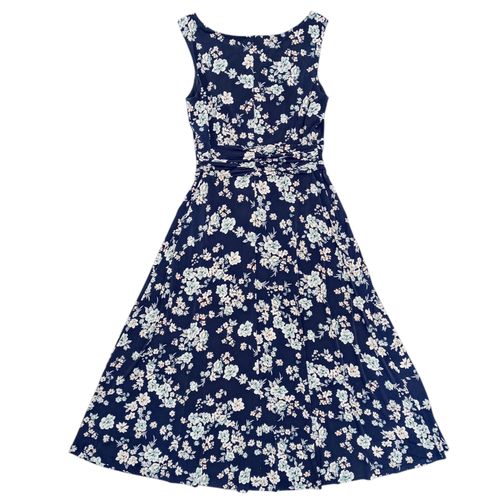 Vestido con vuelo color azul oscuro estampado floral con cuello redondo para mujer