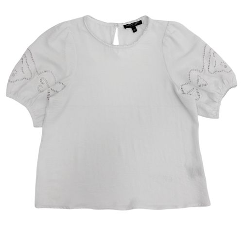 Blusa casual color blanco con mangas globo caladas para mujer
