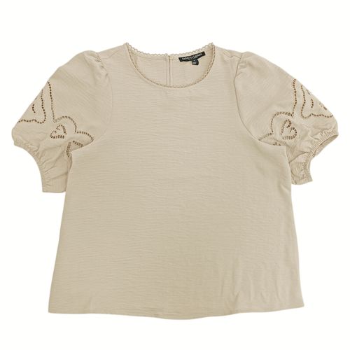 Blusa casual color beige con mangas globo caladas para mujer